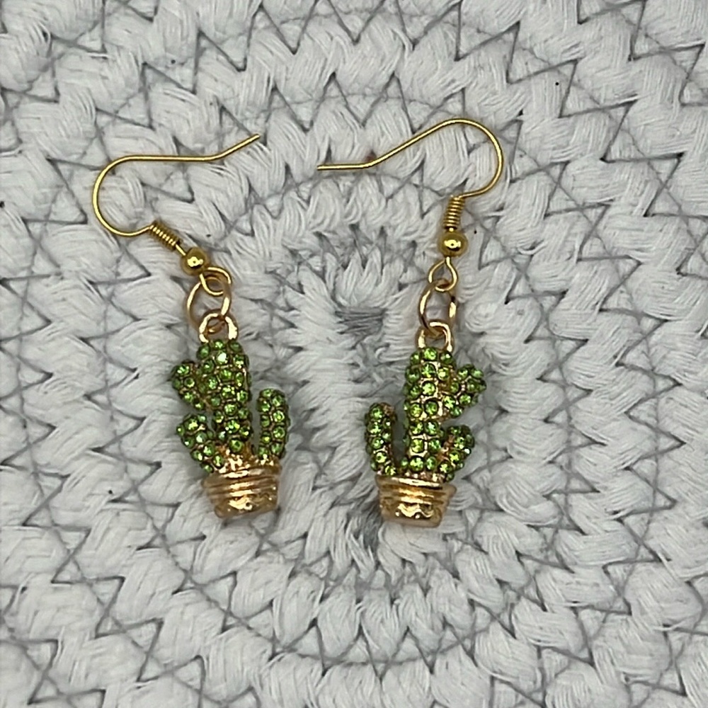 Gold Tone and Rhinestone Catcus Earrings